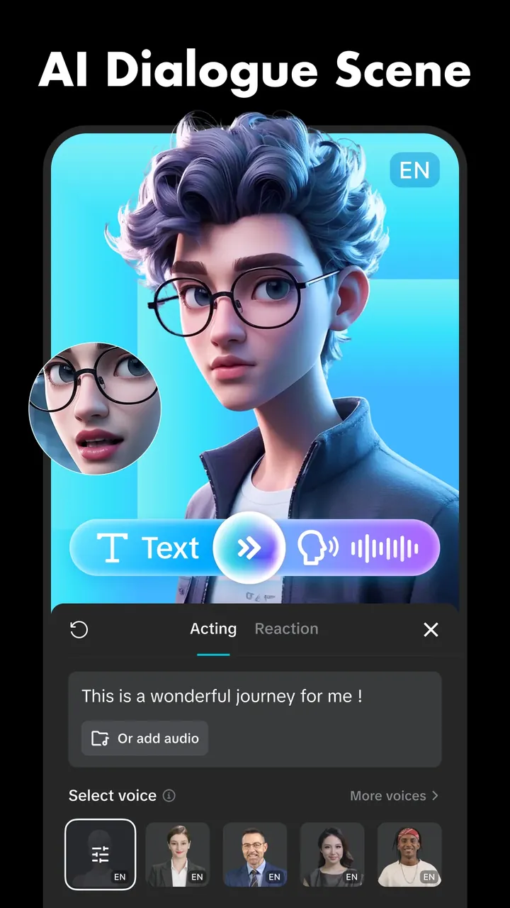 CapCut AI dialogue scene turning text into a voiced character