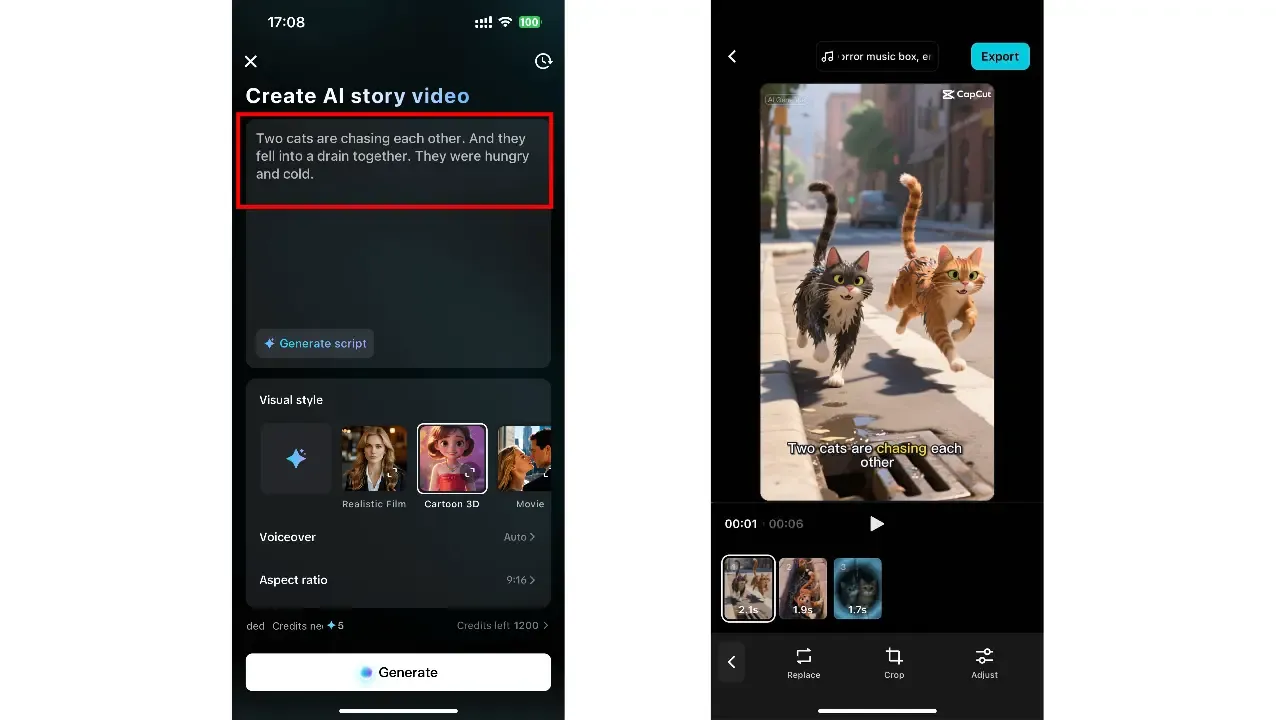 CapCut AI story video tool turning a text prompt into a cartoon video with captions