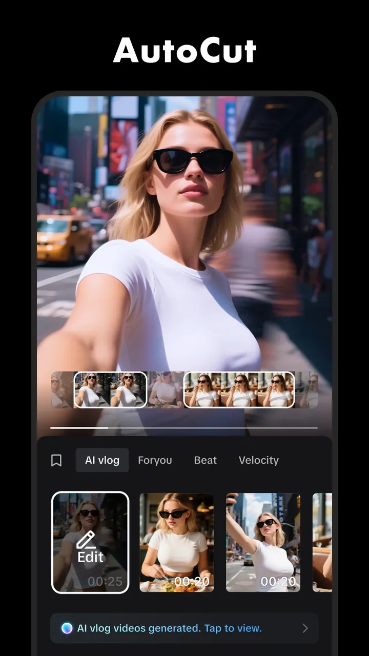 CapCut AutoCut creating an AI vlog from selected clips