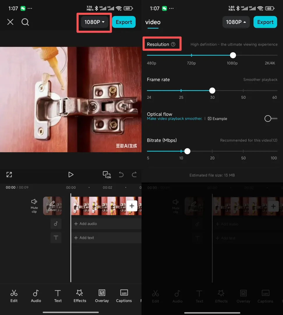CapCut export settings with resolution and frame rate options