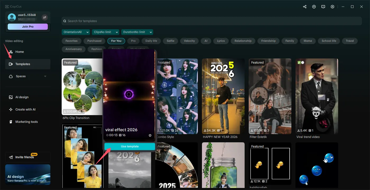 CapCut template library with trending video templates