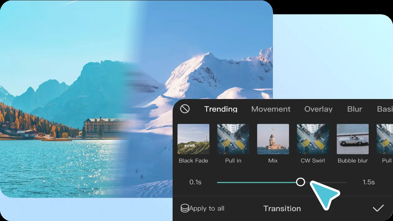 CapCut transitions panel with a split-screen mountain and lake preview